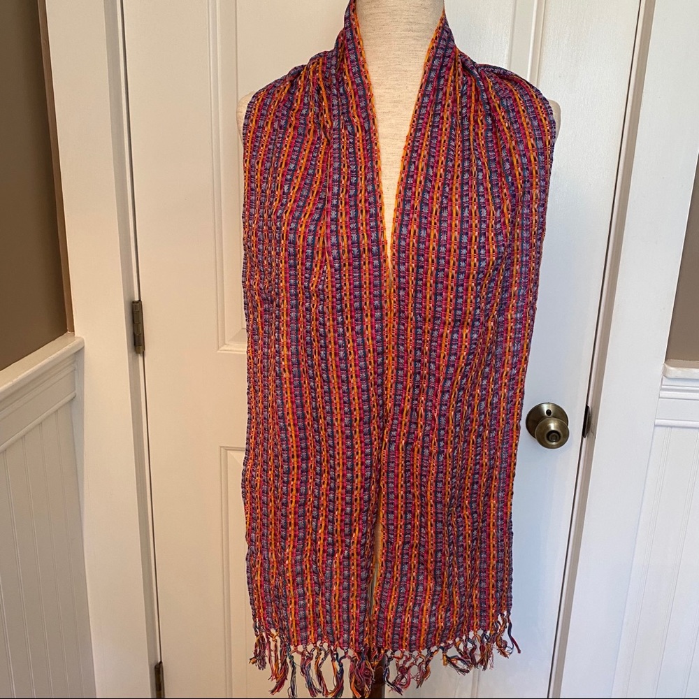 SCARF WOVEN BLUE PINK ORANGE FRINGE BOHEMIAN LONG RECTANGLE ACCESSORY